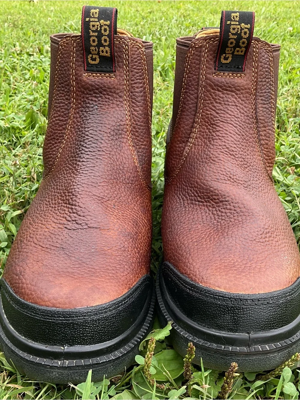 Georgia Boot Brown Leather Chelsea Work Boots with Black Toe Caps